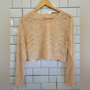 NWT ZARA Ladies Long Sleeve Lightweight Lace Cropped Blouse Crew Neck  Scalloped